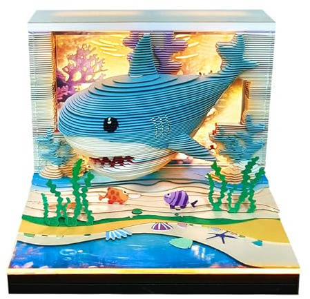 3D-Kalender 2026, Zeitmess-Kalender mit 52 Wochenkalendern für 2026, Zauberbuch und niedliches Eulen-Papierschnitzkunst-Notizbuch, geeignet für Zimmer- und Büro-Desktop-Dekoration, Geschenk (Hai)
