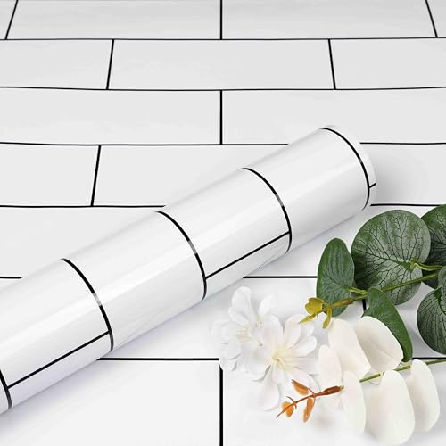 ReWallpaper Weiß Fliesenoptik Selbstklebend Spritzschutz Küche 40CMx7M Glänzend Möbelfolie Fliesen Aufkleber Weiss Klebetapete Selbstklebend Badezimmer Wand Wasserfeste Fliesenoptik Dekorfolie