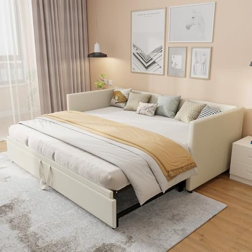 Schlafsofa 90/180 x 200 cm, Tagesbett Ausziehbar, 2-Sitzer-Sofa mit Lattenrost, Polsterbett mit Bettkasten,Ausziehbett Doppelbett für Erwachsene, Beige Samt(ohne Matratze) (Beige, 90/180 x 200 cm)