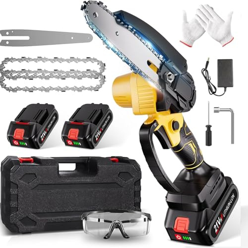 Mini Chainsaw Cordless 6 Inch, High Power Brushless Motor, Twin 21V 3.0Ah Batteries & 2 Chains, Lightweight 1.1kg, Safety Lock Included, Tree Branch Cutter, Garden Tool