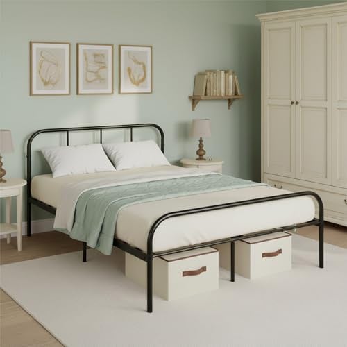 ZZINOKE Métal Cadre de Lit Double 140x190 cm, Structure en Métal, Sommier à Lattes Robuste et Durable, avec Tête et Pied, Facile à Monter, Nombreux Rangements sous Le Lit, Noir