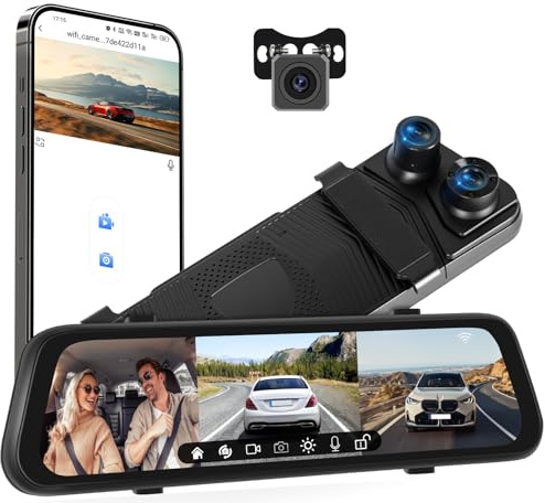 CAMECHO 9.66 WIFI Mirror Dash Cam Front and Rear Inside 3 Channel Rear View Mirror Camera, HD Full Touch Screen, Night Vision, G-Sensor, Reverse Assist, Loop Recording, Dashcam for Cars Vans
