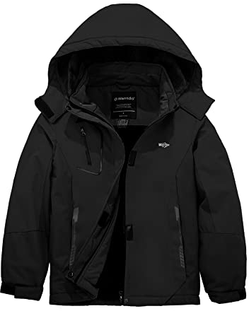 Wantdo Chaqueta de Esquí Montaña Impermeable Chaqueta Cálida Aislada con Vellón Abrigo para Exteriores Snowboard Parka con Capucha de Nieve Invierno para Niñas Negro 128-134