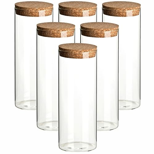 gouveo Lot de 6 boîtes de conservation rondes en verre borosilicate avec bouchon en liège - 1000 ml - Bocaux de conservation en verre avec bouchon en liège