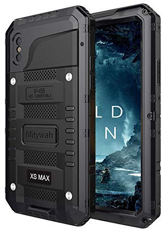 Mitywah Shockproof Case Compatible with iPhone Xs MAX, Waterproof Full Body Protective Cover Built-in Screen Protection Armor Military Grade Heavy Duty Metal Shell with Impact Resistant Bumpers,Black