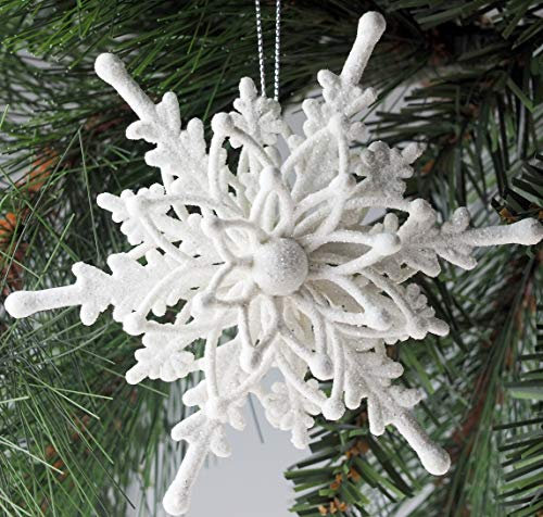 Set of 6 Large 3D Ornate White Snowflake Christmas Tree Baubles Decorations