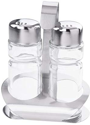FMprofessional Menage Salz+Pfeffer BASIC, Gestell aus Edelstahl, zwei Streuer aus Glas und Edelstahl, 3-teiliges Tischgestell, praktischer Gewürzständer mit Salzstreuer und Pfefferstreuer