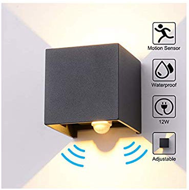 Audor Wandleuchte Bewegungsmelder Aussen/Bewegungsmelder Innen LED Wandlampe, 12W Warmweiß Wasserdicht Verstellbare Aussenlampe, Wandleuchte Innen/Aussen für Wohnzimmer Treppenhaus Flur(Anthrazit)