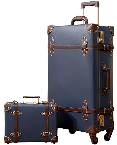 Urecity Vintage Koffer Trolley Set, Modisches Design Reisekoffer mit 4 Rollen, 2-teiliges Kofferset aus Leder, Handgepäck und Damenkoffer – Leichtgewichtig und Praktisch (S(12)+L(26), Vintage Blau)