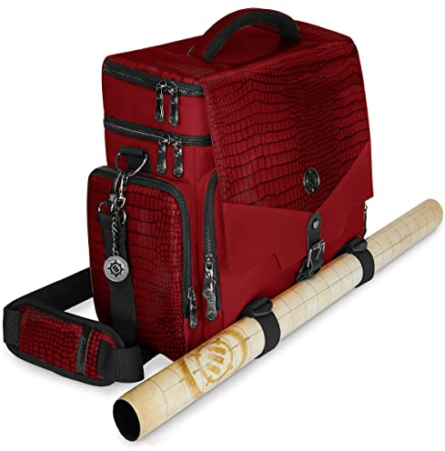 ENHANCE Tabletop RPG-Tasche des Abenteurers, Sammleredition - DND-Tasche mit Tabletop-Miniaturen-Aufbewahrung, Mattenhalter, DND-Würfel- und Token-Taschen, passend für 4-8 Bücher (Drachen Rot)