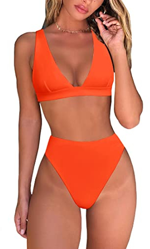fatty tiger Maillot de bain 2 pièces sexy taille haute avec string et haut triangle brésilien et col en V profond pour femme, Orange, Taille M