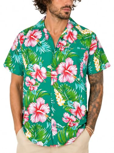 King Kameha Funky Hawaii Hemd Männer - Tropisches Hawaiihemd Herren Kurzarm, JK-Hibiscus-NEW, Petrol-Grün, XS