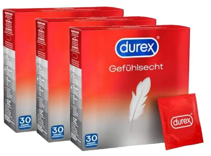 Durex Gefühlsecht Ultra Kondome – Sensi-Fit Kondome mit 20% dünnerem Material an der Spitze für intensiveres Empfinden – 30er Pack (3 x 30 Stück)