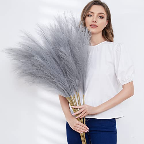 Qubitful Faux Pampas Grass, Set of 9 Stems 37'' Tall Fluffy Fake Pompas Floral, Large Artificial Pompous Branches for Floor Vase Fillers, Pompas Decorativas, Boho Farmhouse Wedding Home Decor(Grey)