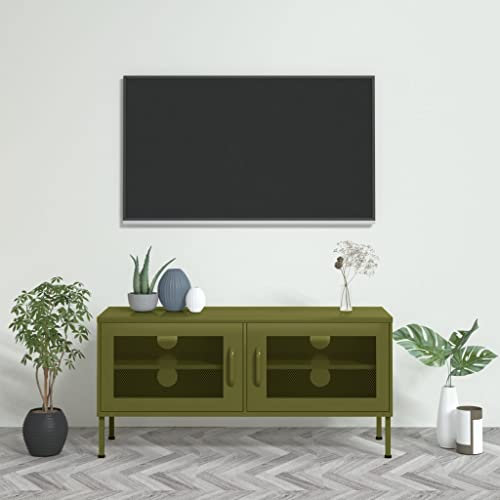 INLIFE Meuble TV vert olive 105 x 35 x 50 cm en acier 6234