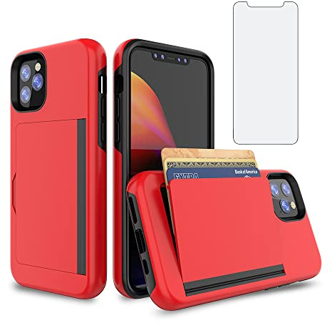 Asuwish Phone Case for iPhone 11 Pro Max 6.5 with Tempered Glass Screen Protector Cover and Credit Card Holder Stand Slim Hybrid Mobile Cell Accessories iPhone11 11pro Promax i XI Plus Women Men Red