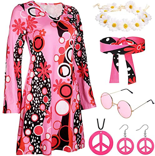 Costume da discoteca anni '70, anni '60, con accessori anni '70, per donna, hippie, hippy, costume da donna, abbigliamento anni '70, costume da donna, costume di Halloween per adulti (M)