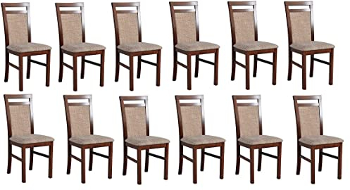 GREKPOL - Set 12 aus Esszimmerstühlen, Sitz und Rückenlehne gepolsterter Stoff Velurs Stuhlen, Polsterstuhl mit hoher Rückenlehne, Massivholzbeine -Milano 5 (Nuss+Stoffe Beige 15, 12-Er Set)