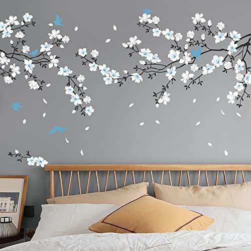 Supzone Blue White Flower Wall Stickers - Cherry Blossom Wall Decal Birds on Tree Branch Art Sticker for Bedroom, Living Room, Office, Study Room, TV, Sofa Wall Decor Home Decoration