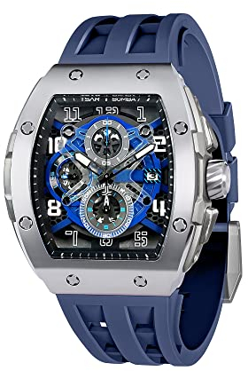 TSAR BOMBA Herren Uhr Tonneau Uhren Chronograph Herren Tonneau Luxus Armbanduhr Herrens Cool Sport Männer Uhren Japanisches Quarzwerk 50m Wasserdichter Daydate Saphirglas Geschenk für Männer