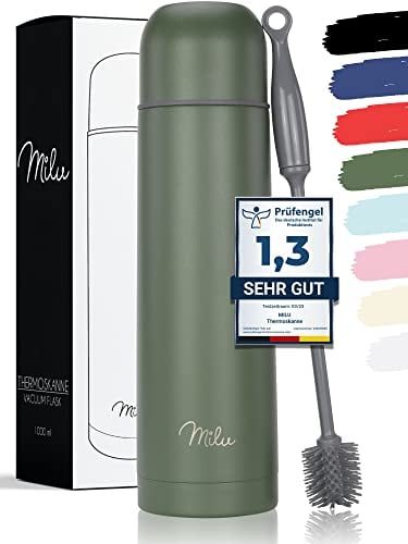 Milu Thermosflasche Thermoskanne Isolierflasche 1L, 750ml, 500ml - Isolierte Edelstahl Trinkflasche, 100% Auslaufsicher, Doppelwandisolierung (Olivgrün, 1000 ml)
