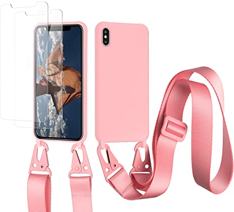 vrupin Coque Compatible avec iphone XR+[2 pcs Protecteur d'écran],Étui en Silicone Liquide, avec Sangle réglable, Collier et Cordon de Serrage—Rose foncé