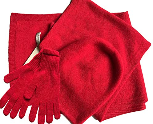 Damen-Set aus 100 % reinem Kaschmir, Schal und Handschuhe, passende Beanie-Mütze, Handschuhe und Schal, 3-teiliges Set, 3-in-1-Winter-Strick-Set, Damen, einfarbig, warm, 3-teiliges Geschenk