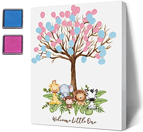 LNOKRIM Gästebuch für Babypartys, Fingerabdruck-Baum-Leinwand, Dschungel-Safari-Thema, Gender Reveal Supplies, personalisiertes alternatives Gästebuch, Fingerabdruck-Gästebuch