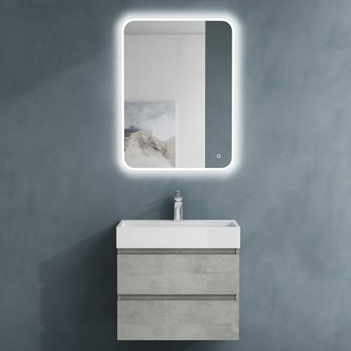 doporro Badmöbel-Set Verona Waschbecken-Unterschrank Wandmontage-Unterschrank in Beton, BTH: 60x38x56 cm, inkl. Waschbecken/Ablaufgarnitur und LED-Spiegel