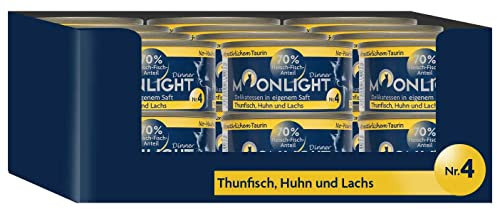 Moonlight Premium Nassfutter Katze Nr. 4 – 24x80g Dose – Getreidefrei mit Huhn, Tintenfisch & Lachs – Feines Filetfutter im eigenen Saft – Hochwertiges Katzenfutter für Feinschmecker