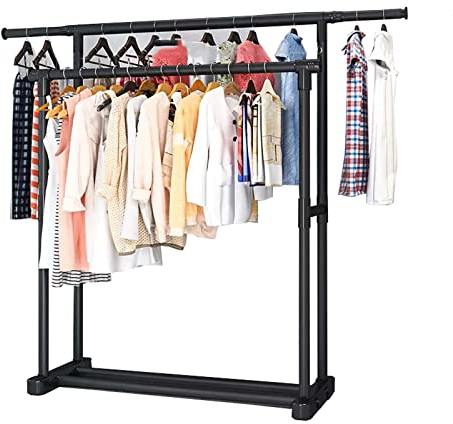 FGYAHOKN Portant À Vêtements Avec Étagères À Chaussures 150x42x141cm, Porte Vêtement En Métal Avec Roulettes, Porte-Manteaux À Deux Pôles, Tringle Pour Charge Lourde, Porte-vêtements Multifonctionnel