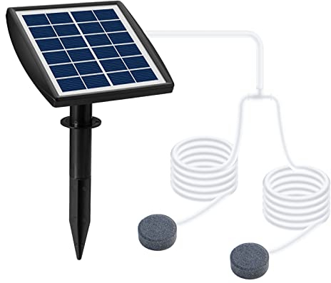 Pomurom Solar Teichbelüfter, 2 Arbeitsmodi Solar Sauerstoffpumpe mit 2W Solarpanel, Luftpumpe, Luftschläuche, 2 Sprudler, 48 l/h Aquarium Luftpumpe Sauerstoffpumpe für Teich Gartenteich im Freien
