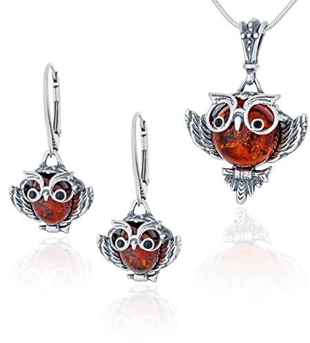 AMBEDORA Damen Schmuckset Weise Eule, Oxidiertes Sterling Silber, Baltischer Bernstein in Cognac Farbe, Silber Anhänger mit Kette und Ohrringe
