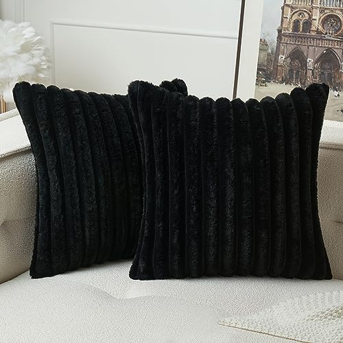 MIULEE Plüsch Samt Kissenbezug Kissenbezüge Kunstpelz Weich Moderne Sofakissen Dekokissen Glatter Reißverschluss Waschbar Deko Kissenhülle für Wohnzimmer Schlafzimmer Sofa 2er Set 45x45 cm Schwarz