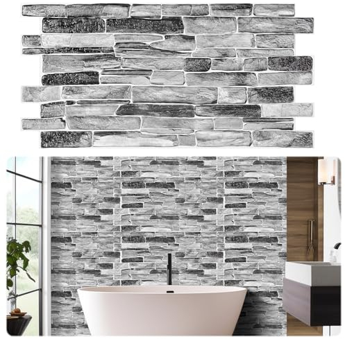 Landical 16 Pcs 3D Brick Wall Panels in Silver Slate Style Waterproof PVC Stone Panels 3D Brick Wallpaper Peel Ideal for Living Room Bedroom TV Sofa Background