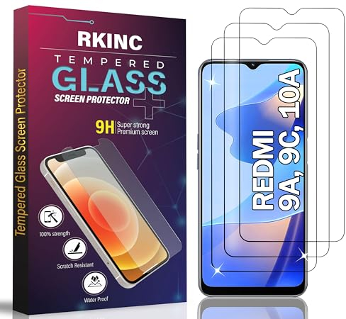 RKINC Protector pantalla [3 Piezas] para Xiaomi Redmi 9A, Xiaomi Redmi 9C, Redmi 10A, Cristal templado película de vidrio, 9H 0.33 mm [Garantía de por vida][Anti-rasguño][Anti-rotura][Sin burbujas]