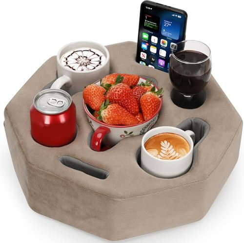 Couch Cup Holder Pillow,Couch Drink Holder,Octagon Couch Caddy for Coffee Cup,Phone,Remote,Couch Cup Holder Tray for Bed,Car,Sofa,Table (LightBrown)