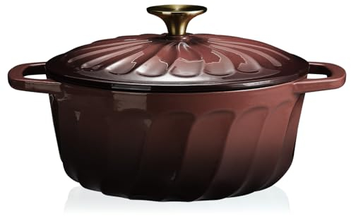 Emaillierter Dutch Oven mit Deckel, 3 Quart Gusseisen, Dutch Oven Topf, Doppelgriffe zum Brotbacken, Kochen, Backen, kühlschranksicher auf allen Herdarten (Braun, 3 QT)