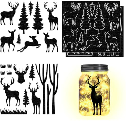 CHGCRAFT 4Pcs Forest Silhouettes Laser Cutouts Decals Deer Mason Jar Cutouts Ornaments Silhouettes Scrapbook Paper Cuts Jar Cutouts for Wall Painting Scrapbook Supplies Windows Decoration