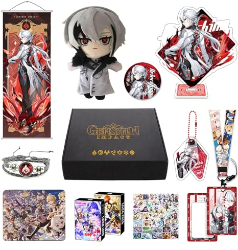 MOTAO Genshin Impact Merch Box inkl. 11 Geschenk, Alle 5 Stars Charaktere Plush Poster Stand Figur Geschenkbox Set, Sammlung für Traveller Fans (Arlecchino), MT-410
