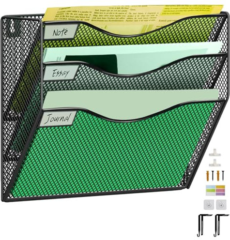 IOUGDSEC Organiseur de dossiers mural en maille à 3 étages, Organiseur de dossiers verticaux à suspendre à maille moyenne, Porte-revues et dossiers pour bureau, avec crochets pour étiquettes