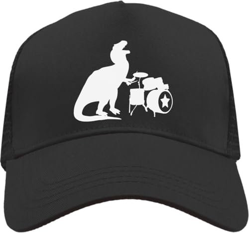 Functon+ T-Rex Playing Drums Mesh Back Trucker Cap Adjustable Snapback Hat Black, Schwarz , Einheitsgröße