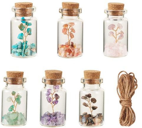 Cheriswelry 12Pcs 6 Styles Transparent Glass Wishing Bottle Decoration with Tree of Life Gemstone Beads Chips Inside with Jute Cord for DIY Jewellery Making Home Decoration
