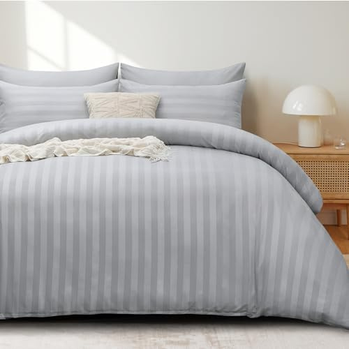 Tifschlaf Grey Satin Striped Bedding Double Bed - Duvet Cover Set with 2 Pillowcases Sliver, Soft Quilt Cover Duvet Set Zipped, 200x200cm Light Grey