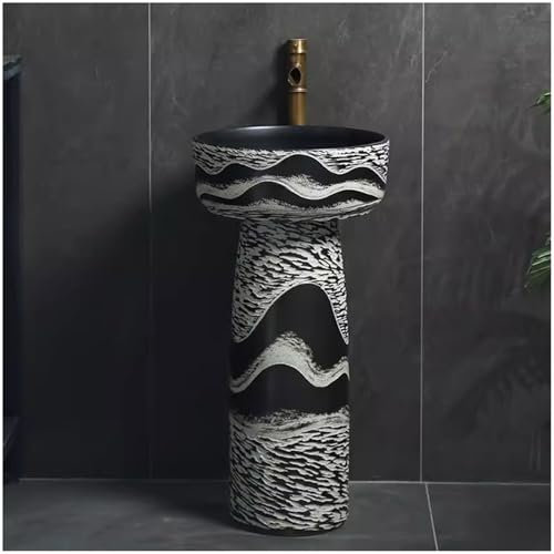 ZTGL Lavabo sur Colonne Rond Peint à la Main en Noir et Blanc, Lavabo Colonne Céramique, Rétro Salle de Bain Vasque Art Lavabo Colonne pour Cafe Clubhouse Bar,2 Piece Set