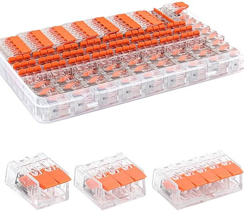 Zueyen 75 morsetti per cavi elettrici, design piccolo, con trasparente, 35 morsetti a 2 poli, 25 morsetti a 3 poli, 15 morsetti a 5 poli in scatola di immagazzinaggio (arancione)