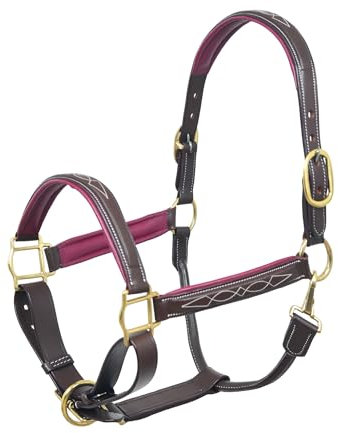 SIE EQUESTRIAN Lederhalfter mit Messingbeschlägen, Rosa und Schwarz (Braun mit Kastanienbrauner Polsterung, Cob)