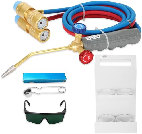Update Oxygen MAPP Torch Kit, Oxypropane Welding Gas Cutting Torch Kit | Dual gauge design With portable cylinder metal stand and lighter, for Heating, Soldering, Glass Blowing