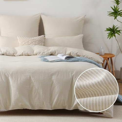 SOULFUL Housse de Couette 200x200 Coton Rayures, Certifié Oeko-TEX, Beige Parure de Housse de Couette avec Fermeture Éclair, Parure de Lit 2 Personnes 200x200 Coton avec 2 Taie d'oreiller 65x65 cm
