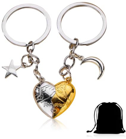 2 Pièces Porte Clef Coeur, Porte-Clés magnétique pour couple, Porte Clef en acier inoxydable, Porte-clés avec pendentif soleil lune, Porte Clef Gravure Personnalisée, Cadeau anniversaire